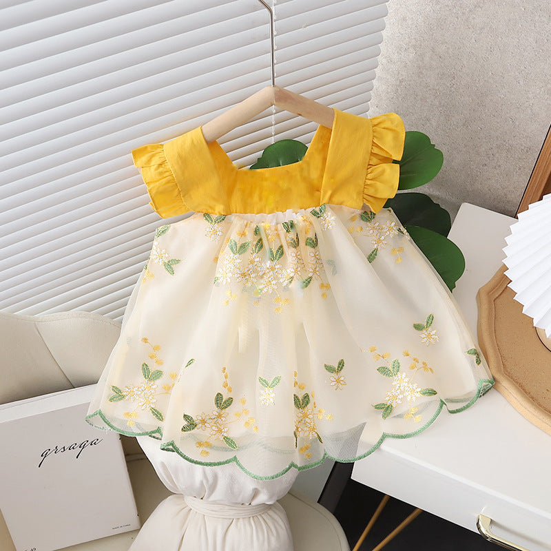 Girls Short-sleeved  New Style Floral  Flying Sleeve Princess Dress