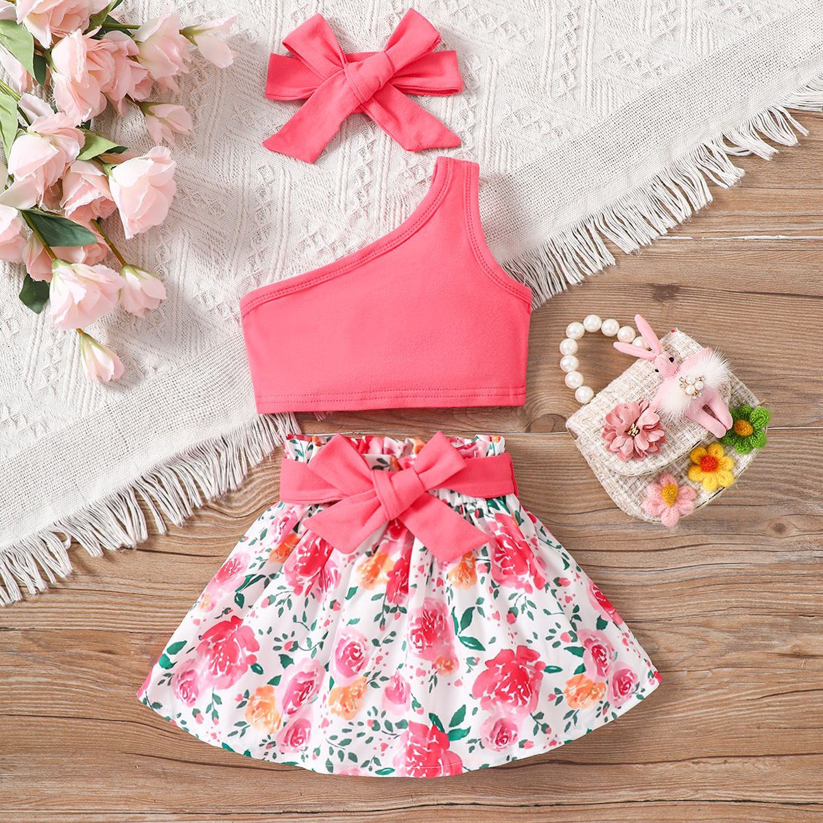 Adorable Baby Girl Style Oblique Shoulder Strap  Short Top Flower Print Skirt