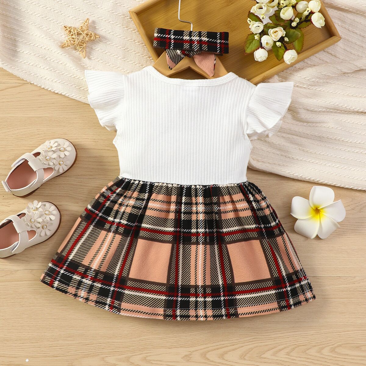 Baby Girl Flying Sleeve Splicing Plaid Bow Dress