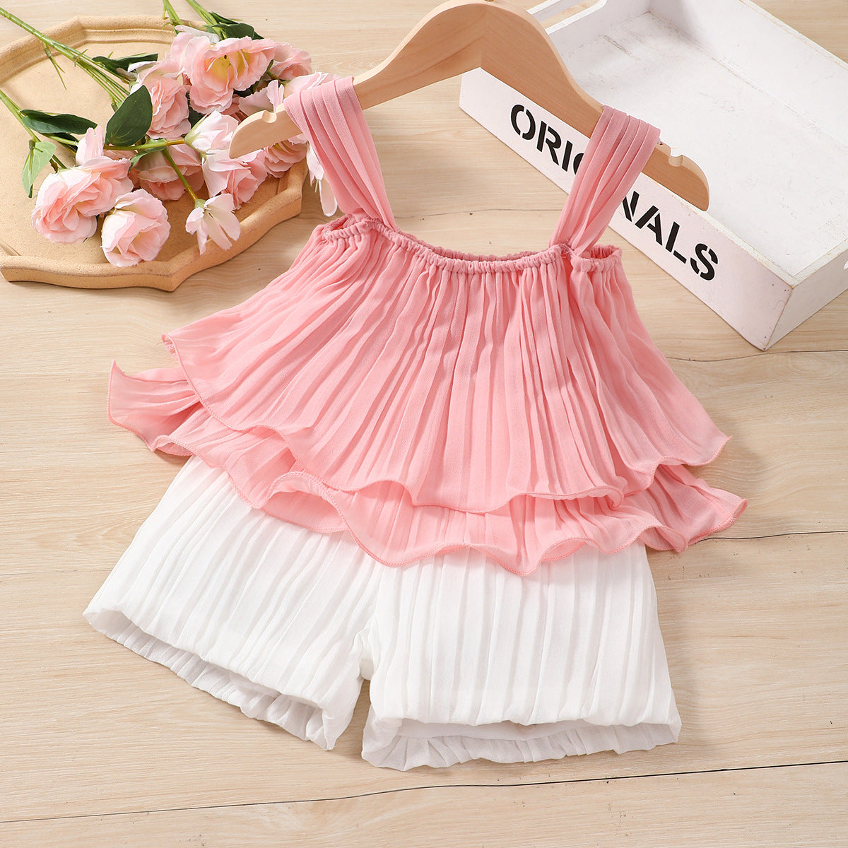 Girl's Beautiful Style Chiffon Suspenders Solid Skirt Top Shorts Seaside Suit