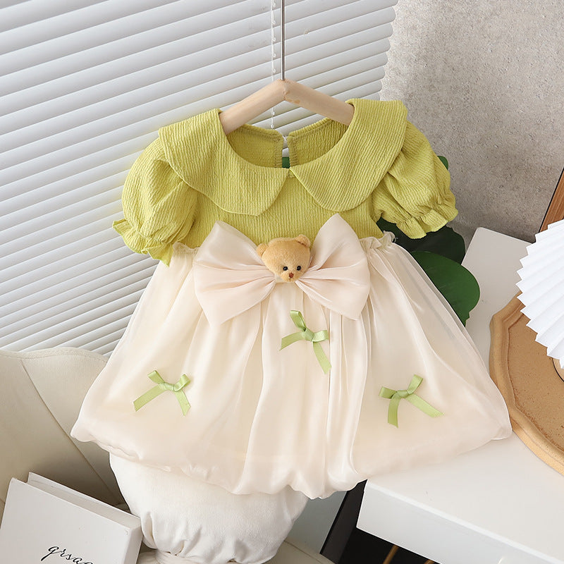Girl's New Doll Collar Bear Bow Short-sleeved Cotton Dress