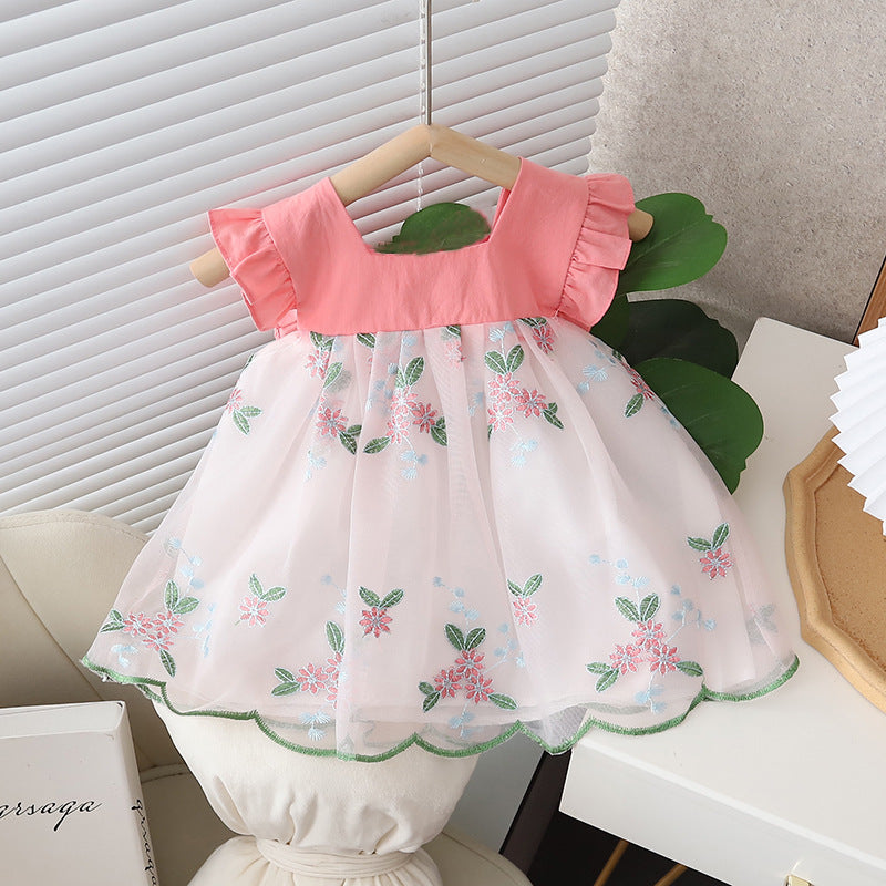 Girls Short-sleeved  New Style Floral  Flying Sleeve Princess Dress