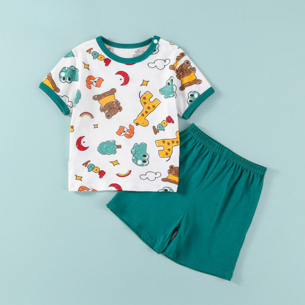 Boys and Girls Pure Cotton Short-sleeved Air-Conditioning Crayon Bear Dark Green Print Suit