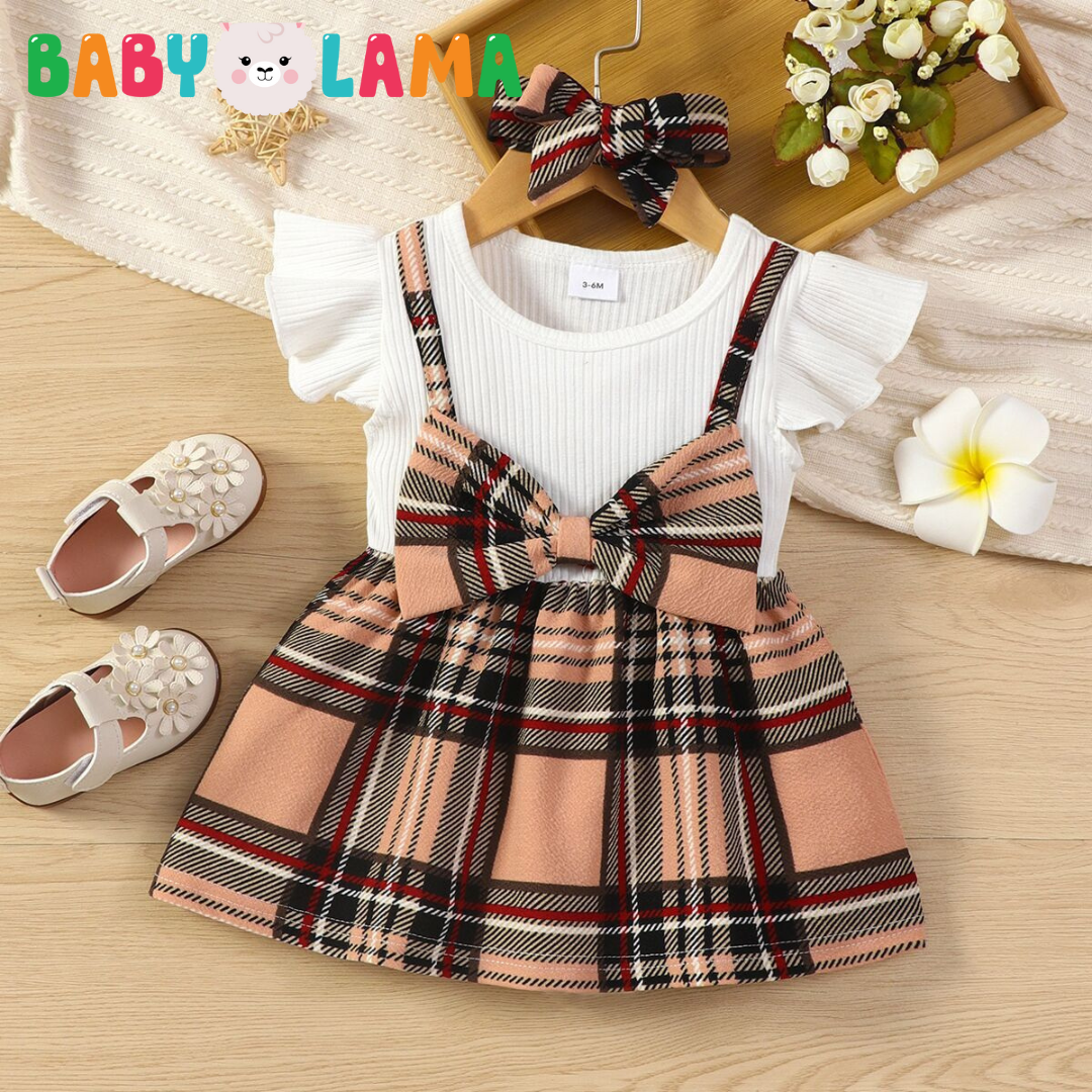 Baby Girl Flying Sleeve Splicing Plaid Bow Dress